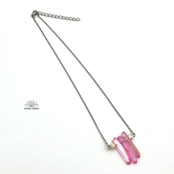 Angel Aura Pink Quartz & Pearls Necklace | Stainless Steel - Picture 6 of 8
